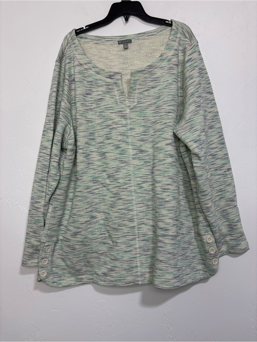 T by Talbots Women's 2X Plus Heathered Knit Split Neck Top Long Sleeve Green